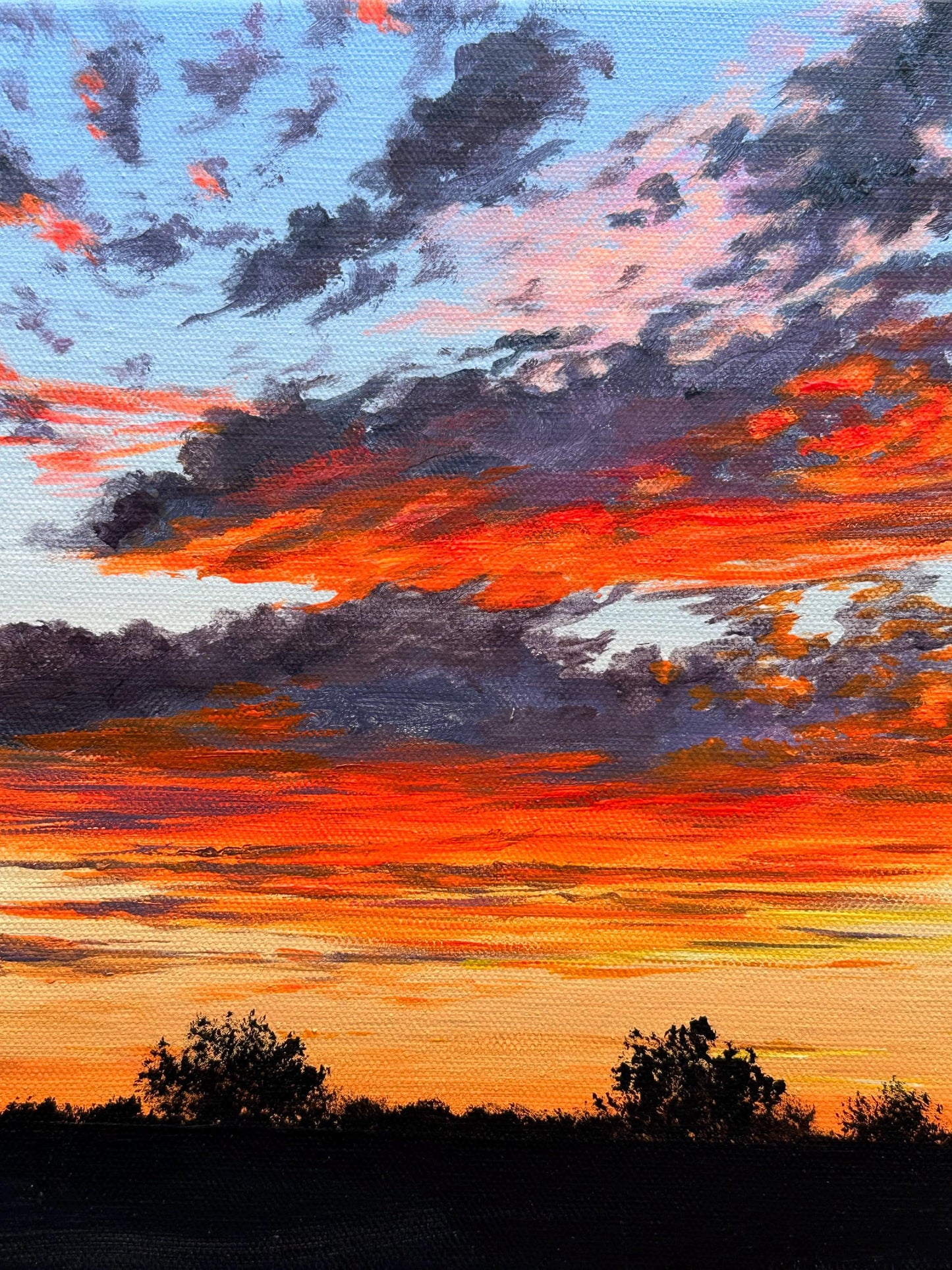 Original Sunset Sky Painting – 8x10 Cloudscape Wall Art – Orange & Red Evening Clouds
