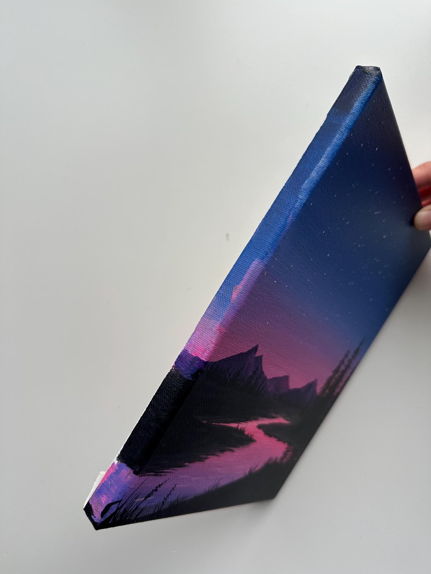 Original Night Landscape Painting – 8x10 Starry Sky & River Scene – Purple Twilight Mountains