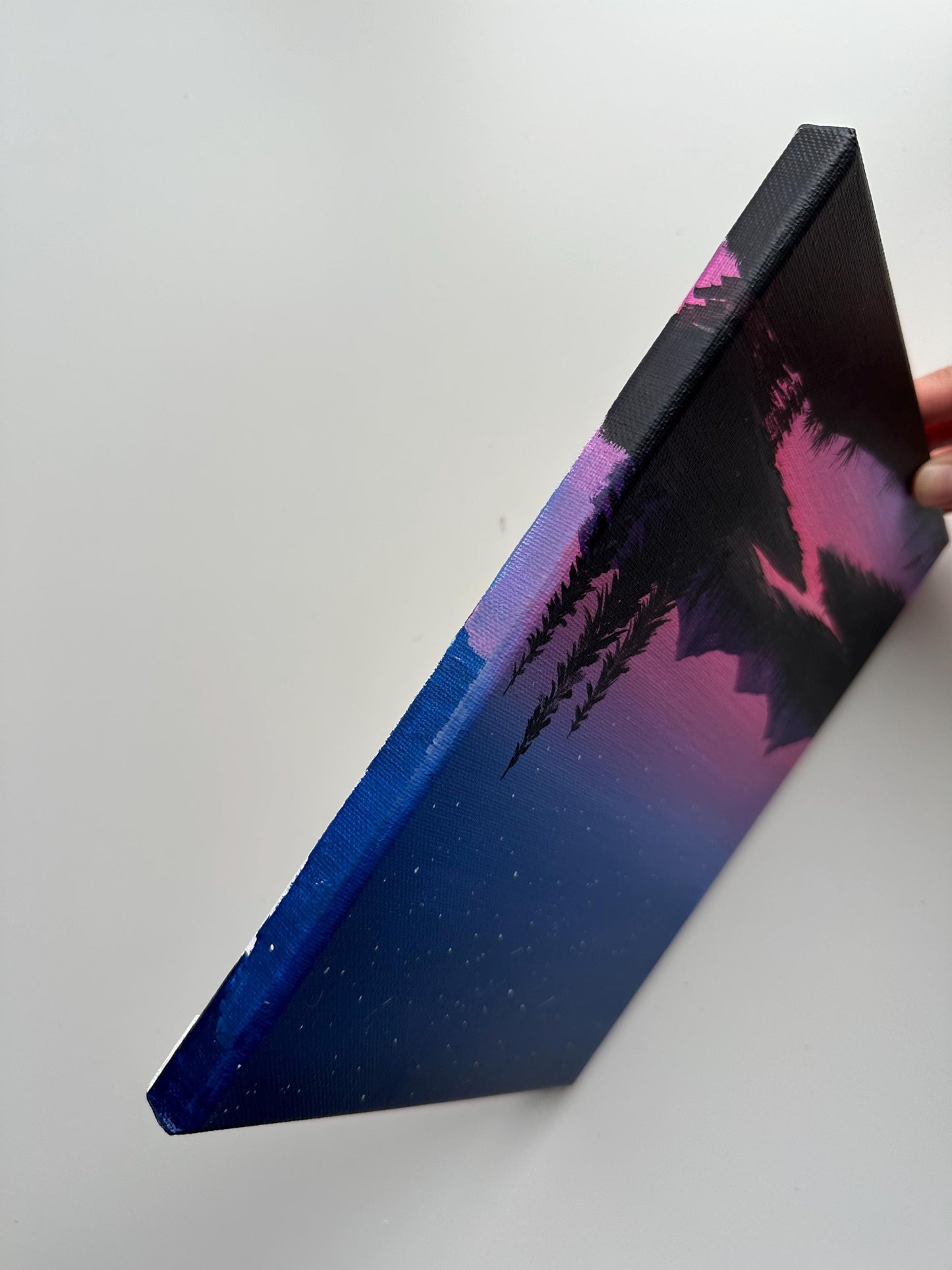 Original Night Landscape Painting – 8x10 Starry Sky & River Scene – Purple Twilight Mountains