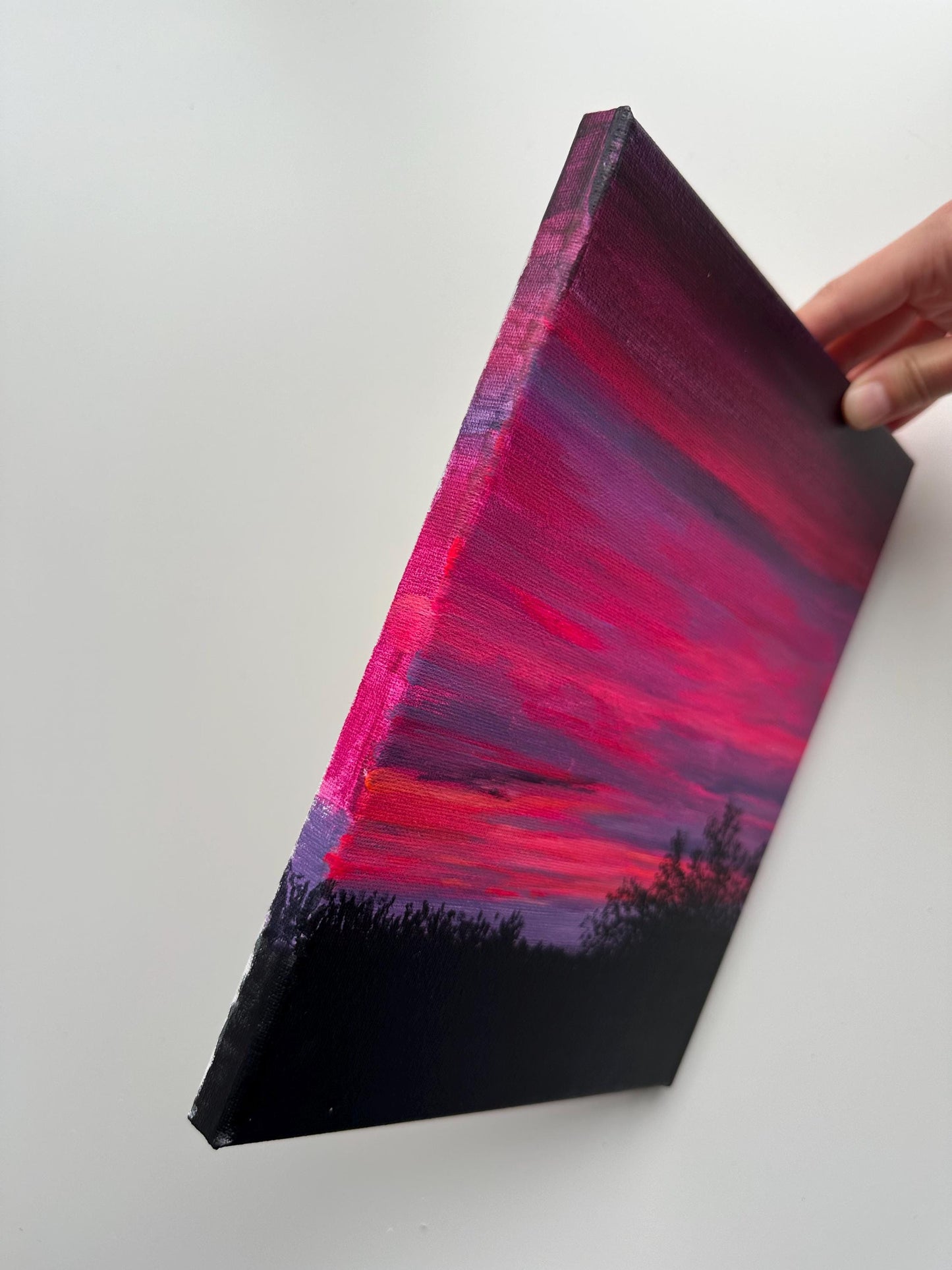 Original Pink Sunset Painting – 8x10 Twilight Sky Wall Art – Bold Cloudscape on Canvas