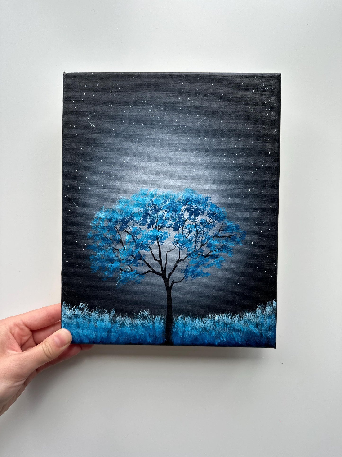 Night Whisper – Original 8x10 Acrylic Painting of a Tree Under Starlight