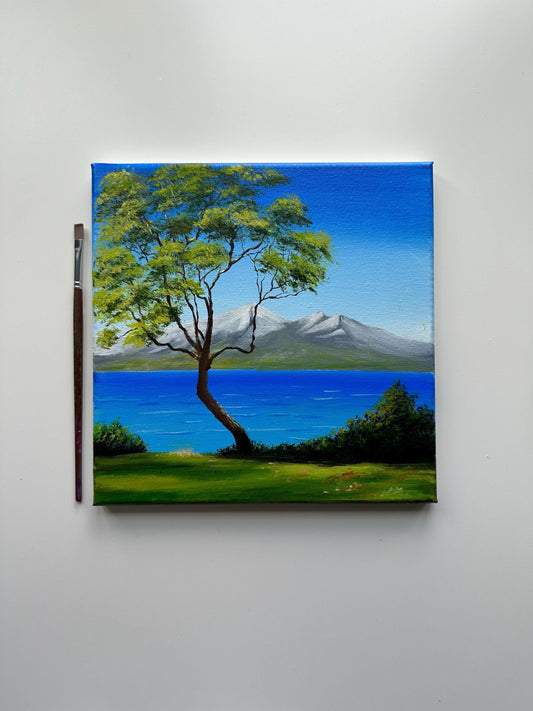 Coastal View with Tree – Original 10x10 Acrylic Seascape Painting