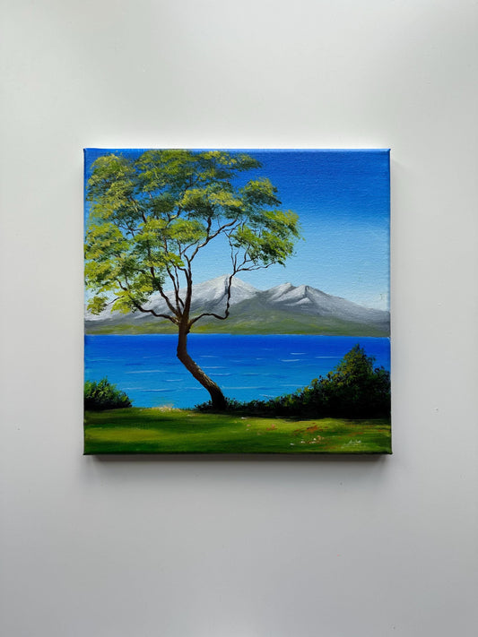 Coastal View with Tree – Original 10x10 Acrylic Seascape Painting