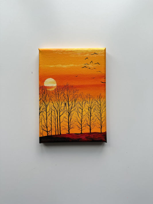 Golden Sunset with Bare Trees – Original 5x7 Acrylic Painting on Canvas