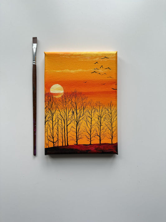 Golden Sunset with Bare Trees – Original 5x7 Acrylic Painting on Canvas