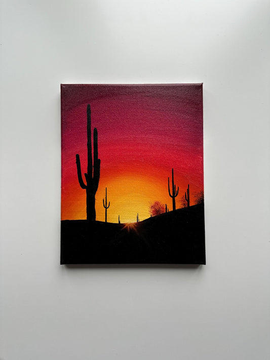 Desert Sunset with Cactus Silhouettes – Original 8x10 Acrylic Painting