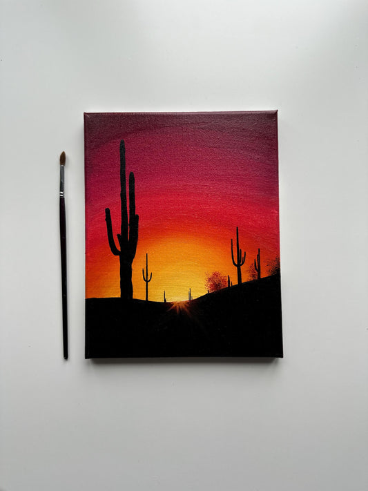 Desert Sunset with Cactus Silhouettes – Original 8x10 Acrylic Painting