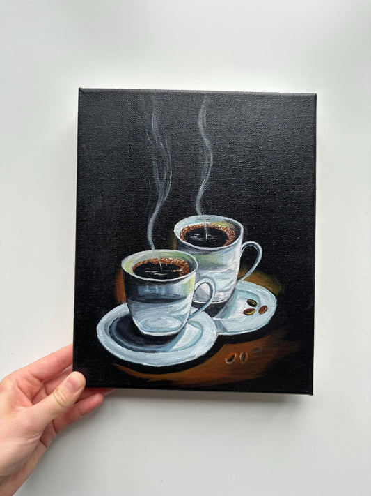 Two Cups of Coffee – Original 8x10 Acrylic Painting for Coffee Lovers