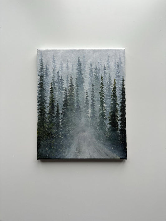 Misty Pine Forest Path – Original 8x10 Acrylic Landscape Painting