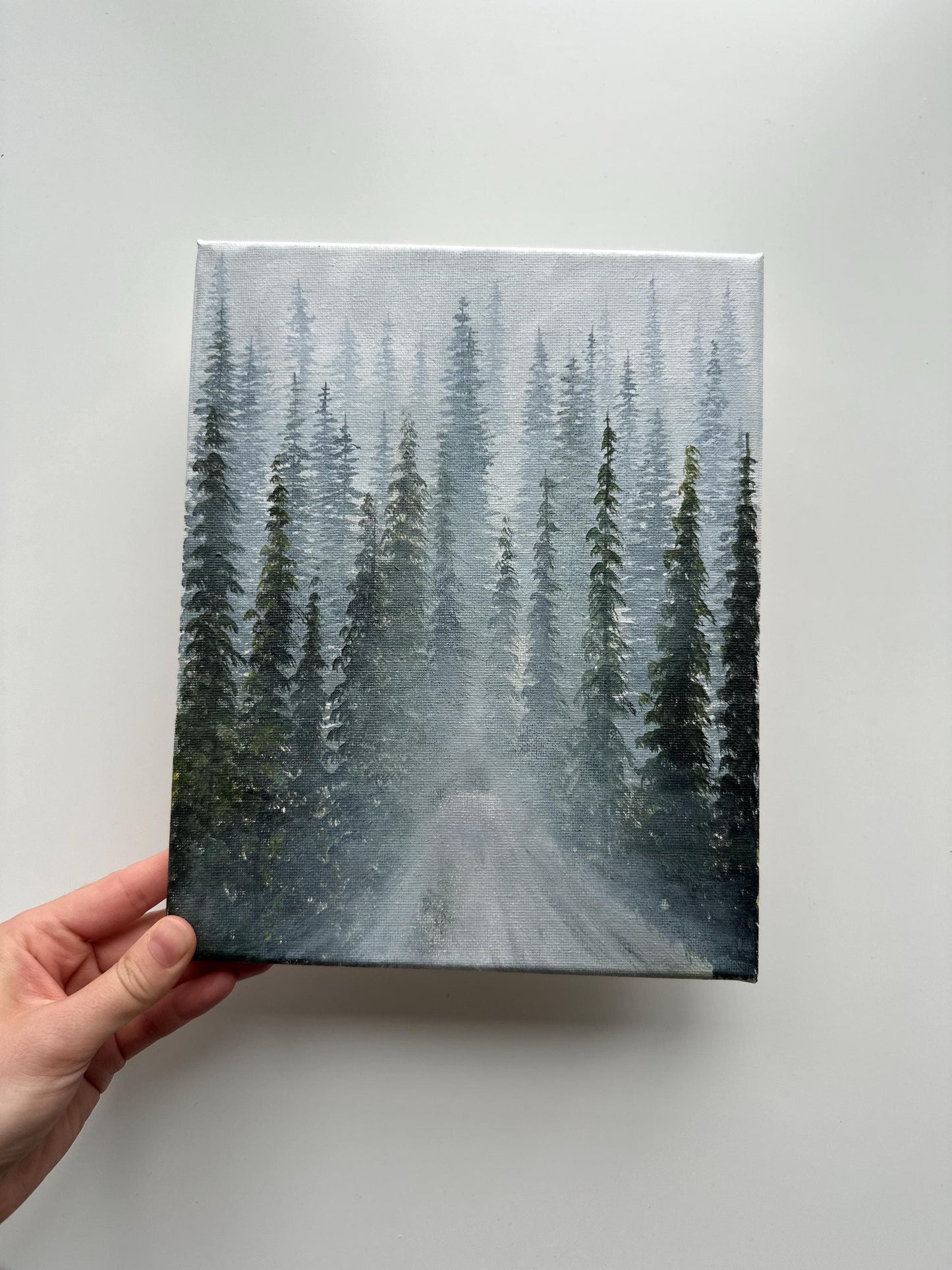 Misty Pine Forest Path – Original 8x10 Acrylic Landscape Painting