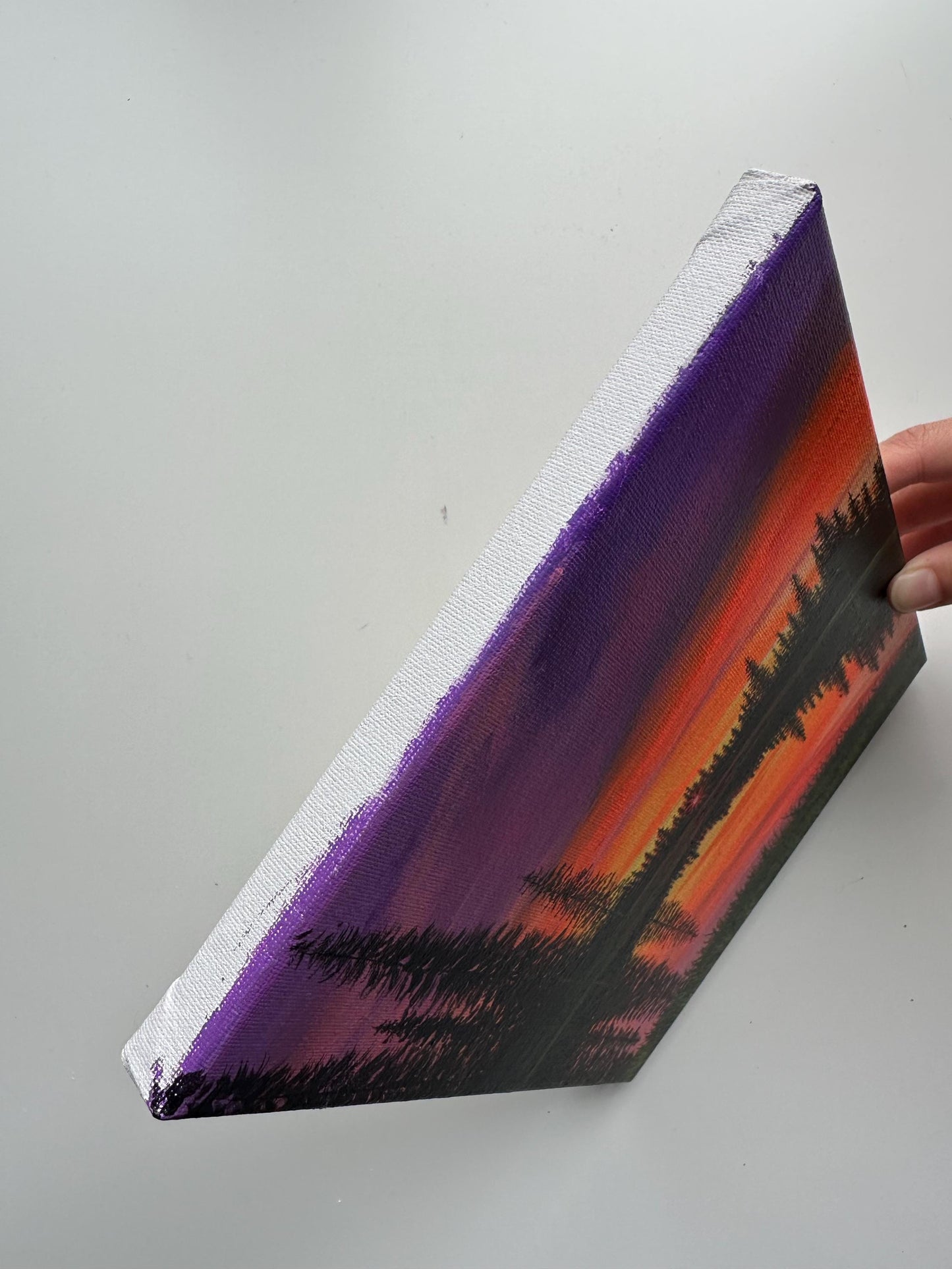 Original Sunset Landscape Painting – 8x10 Lake Reflection Art on Canvas – Colorful Sky & Pine Trees