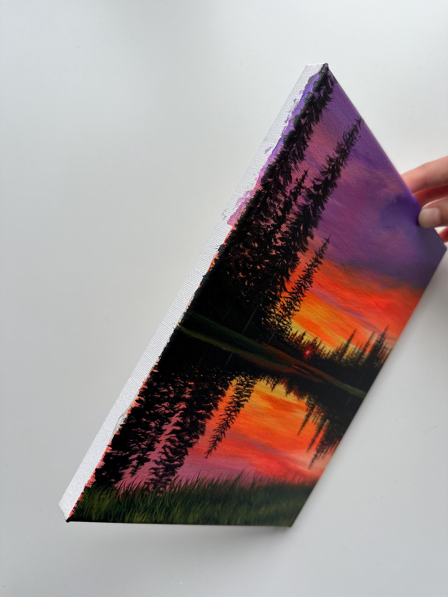 Original Sunset Landscape Painting – 8x10 Lake Reflection Art on Canvas – Colorful Sky & Pine Trees