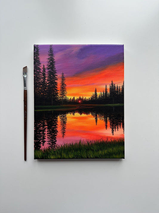Original Sunset Landscape Painting – 8x10 Lake Reflection Art on Canvas – Colorful Sky & Pine Trees