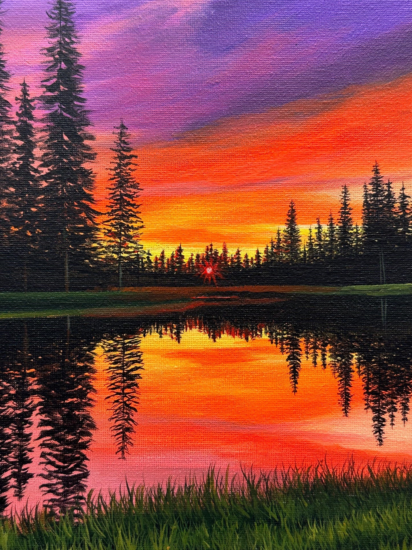 Original Sunset Landscape Painting – 8x10 Lake Reflection Art on Canvas – Colorful Sky & Pine Trees