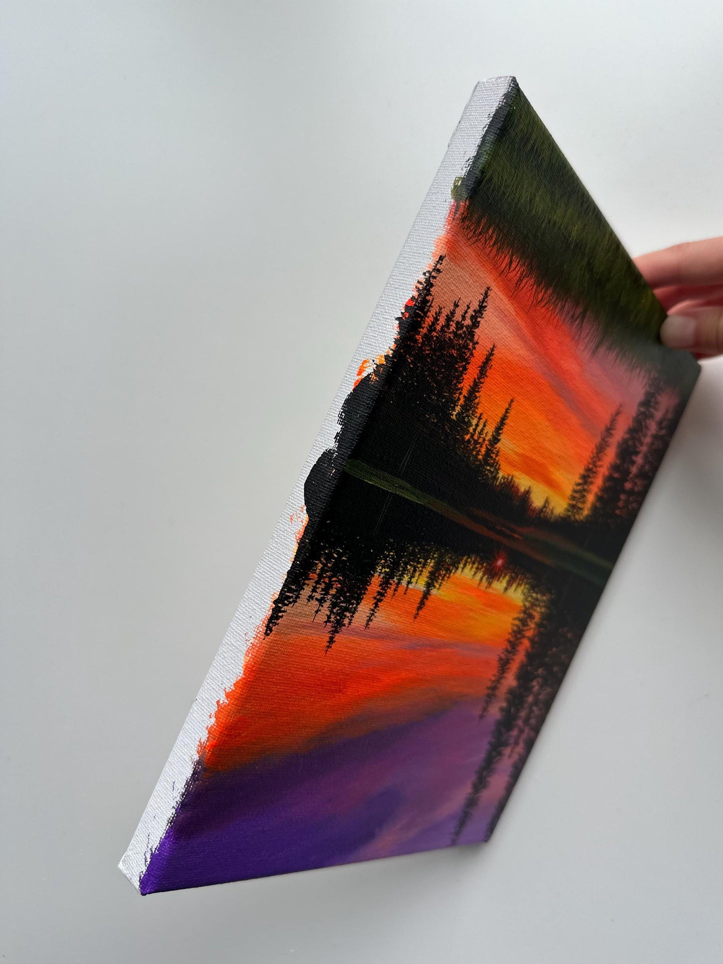 Original Sunset Landscape Painting – 8x10 Lake Reflection Art on Canvas – Colorful Sky & Pine Trees