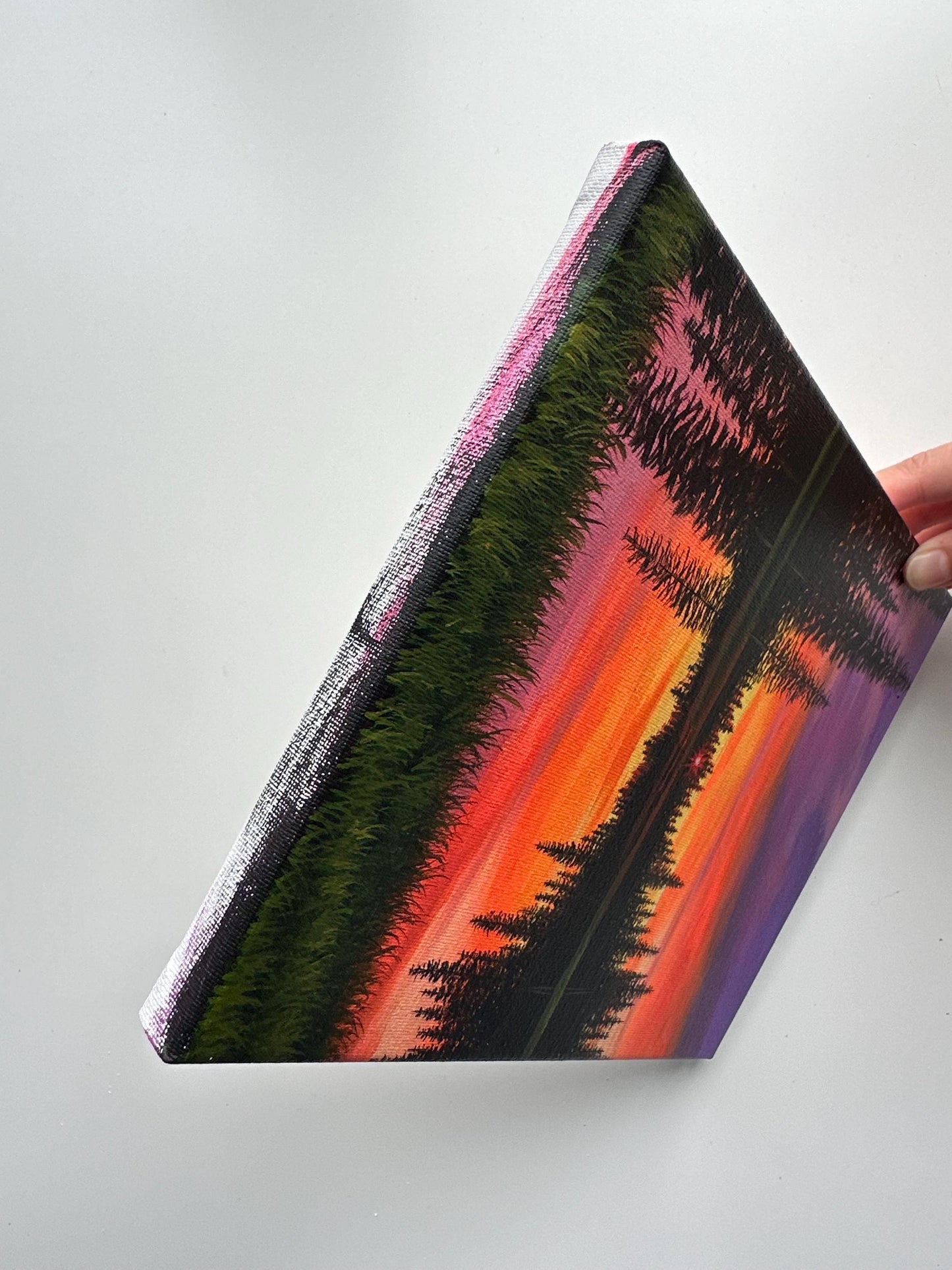 Original Sunset Landscape Painting – 8x10 Lake Reflection Art on Canvas – Colorful Sky & Pine Trees