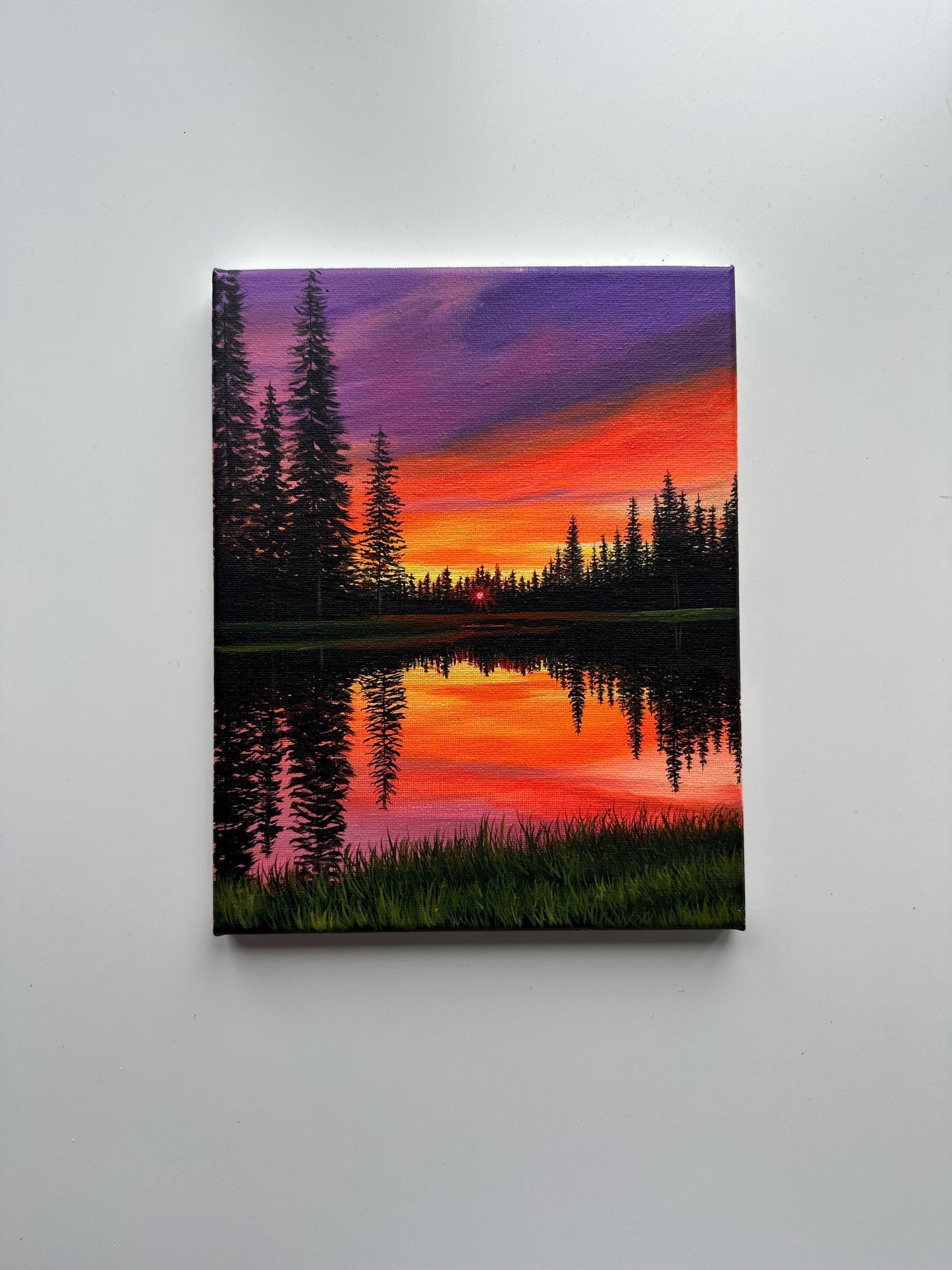 Original Sunset Landscape Painting – 8x10 Lake Reflection Art on Canvas – Colorful Sky & Pine Trees