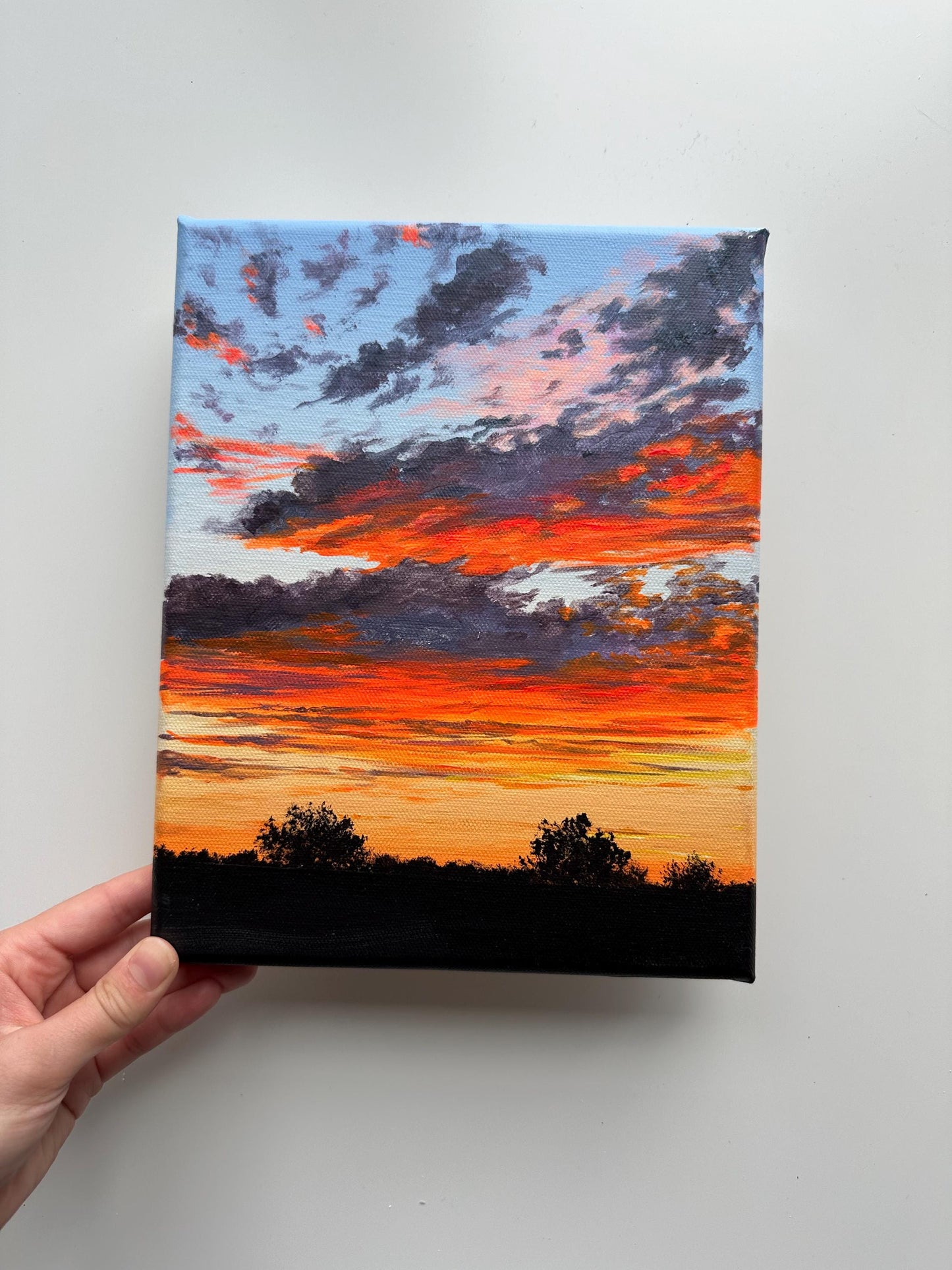 Original Sunset Sky Painting – 8x10 Cloudscape Wall Art – Orange & Red Evening Clouds