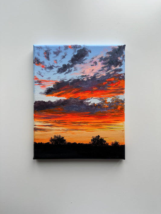Original Sunset Sky Painting – 8x10 Cloudscape Wall Art – Orange & Red Evening Clouds