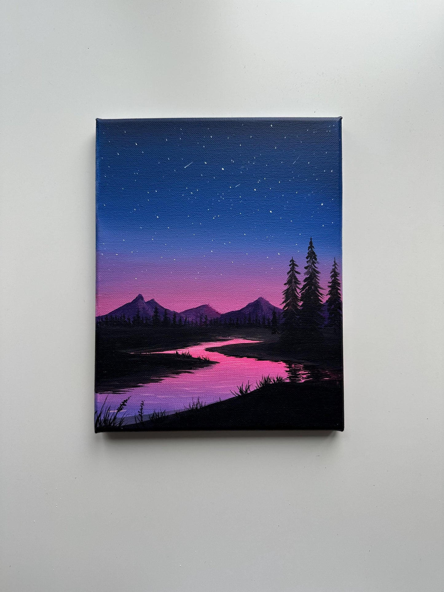 Original Night Landscape Painting – 8x10 Starry Sky & River Scene – Purple Twilight Mountains