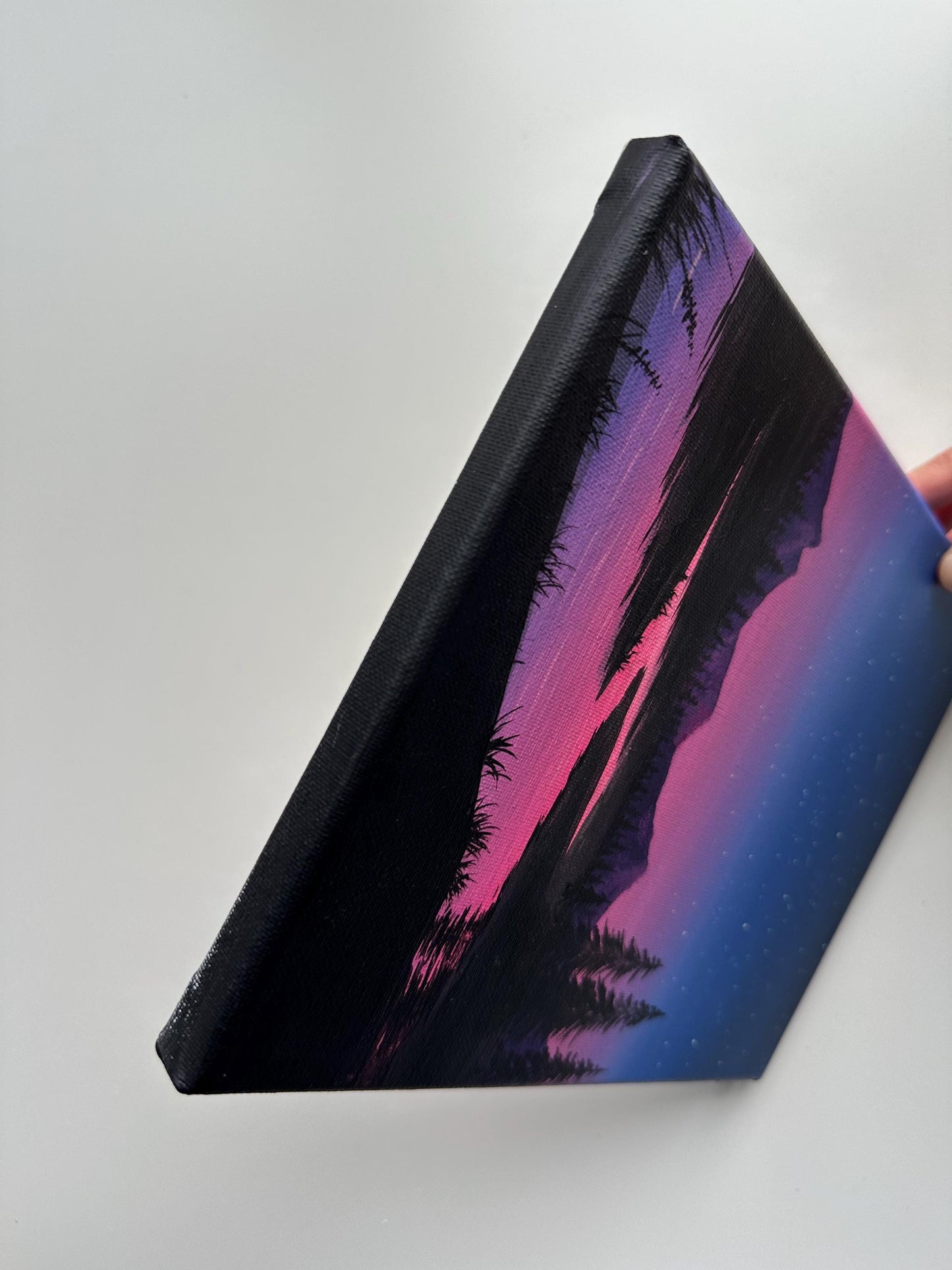 Original Night Landscape Painting – 8x10 Starry Sky & River Scene – Purple Twilight Mountains