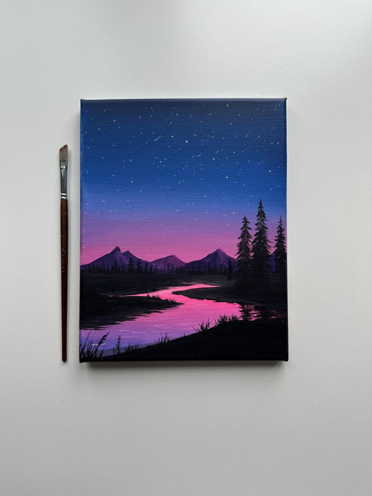 Original Night Landscape Painting – 8x10 Starry Sky & River Scene – Purple Twilight Mountains