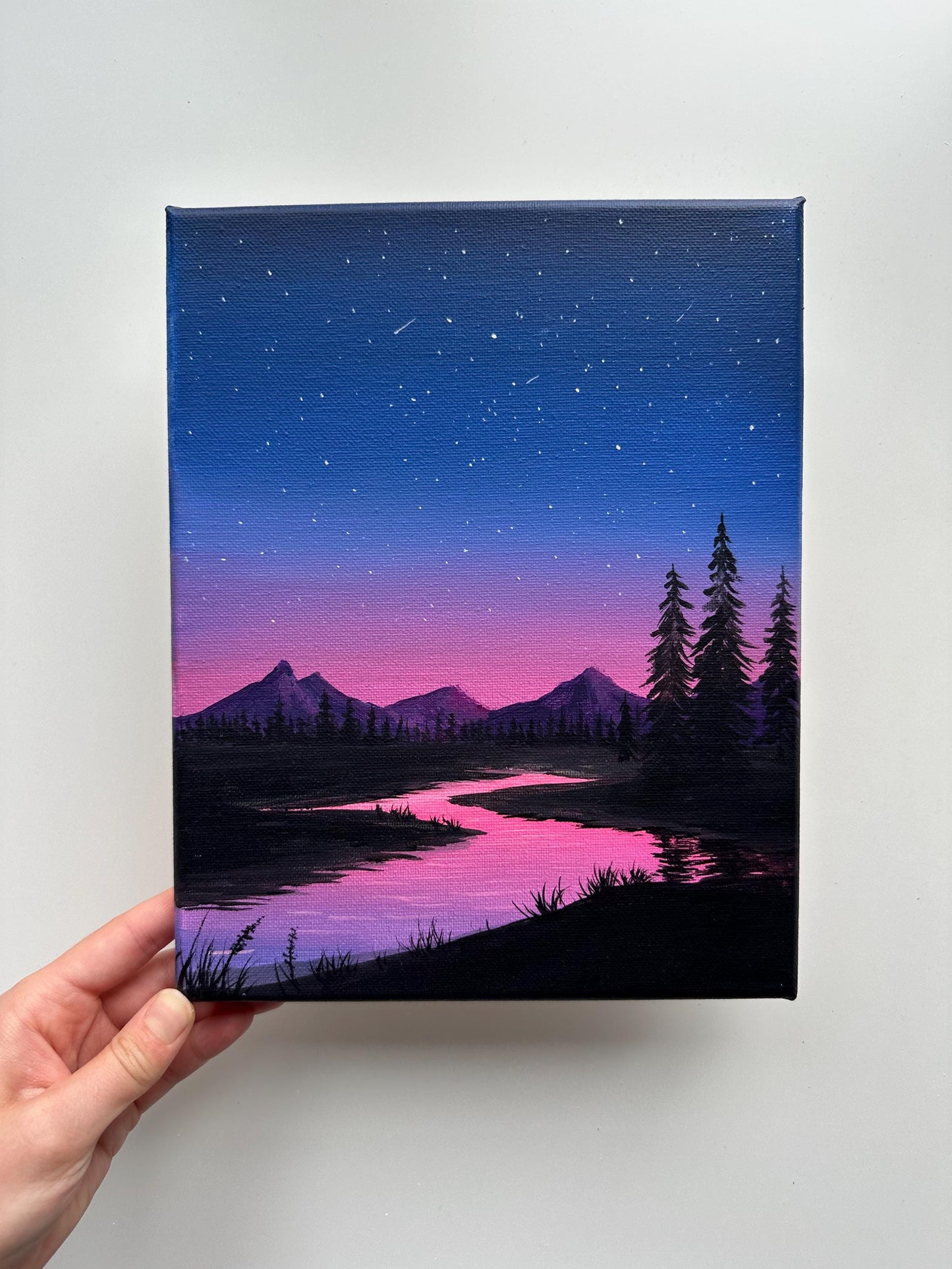 Original Night Landscape Painting – 8x10 Starry Sky & River Scene – Purple Twilight Mountains