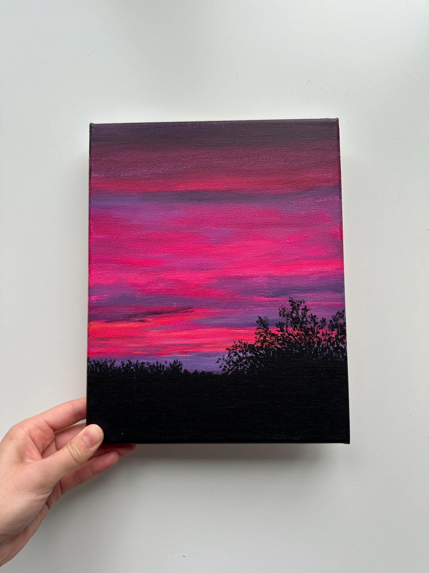 Original Pink Sunset Painting – 8x10 Twilight Sky Wall Art – Bold Cloudscape on Canvas