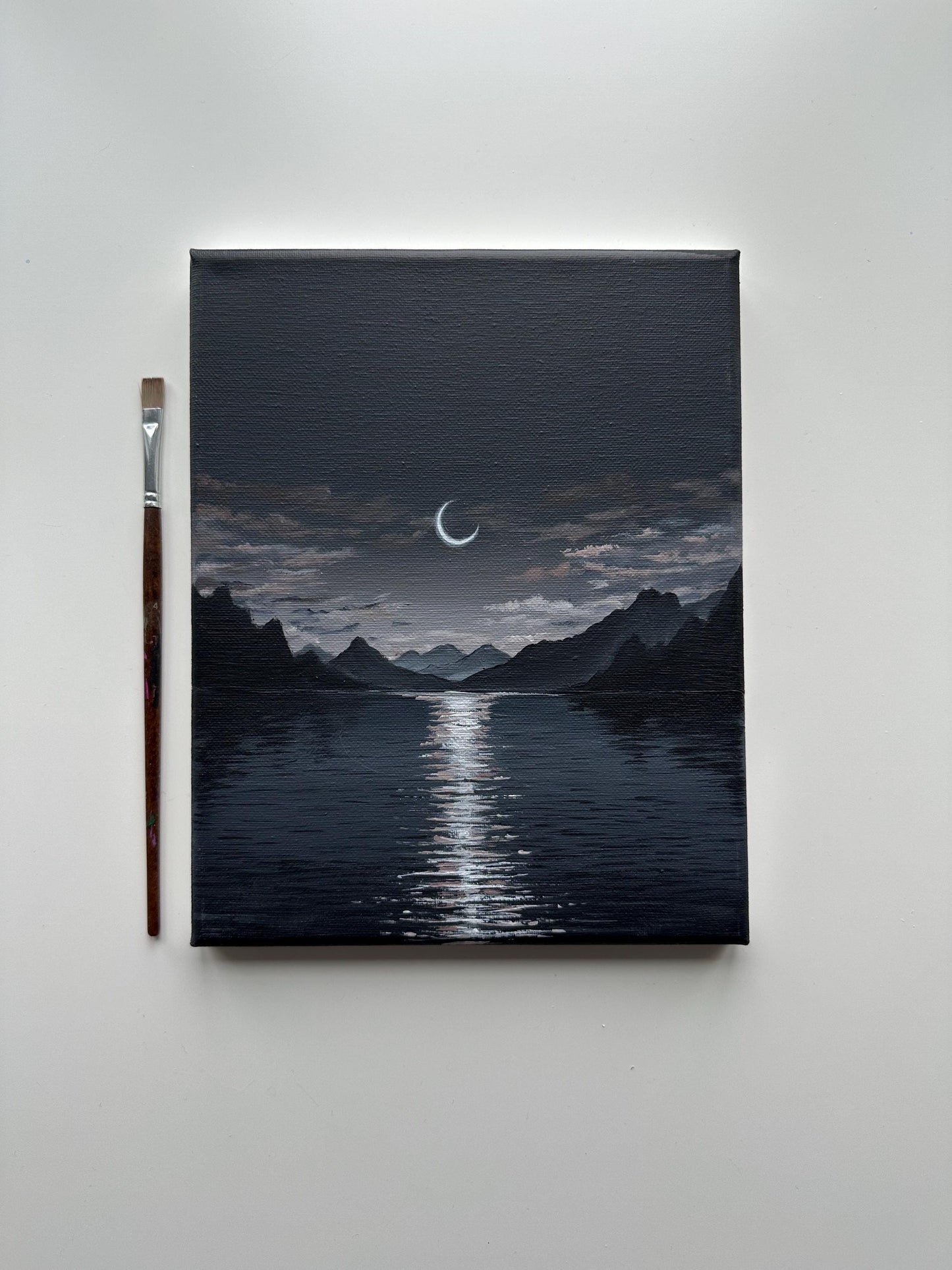 Crescent Moon Lake Night Painting on Canvas – Original 8x10 in