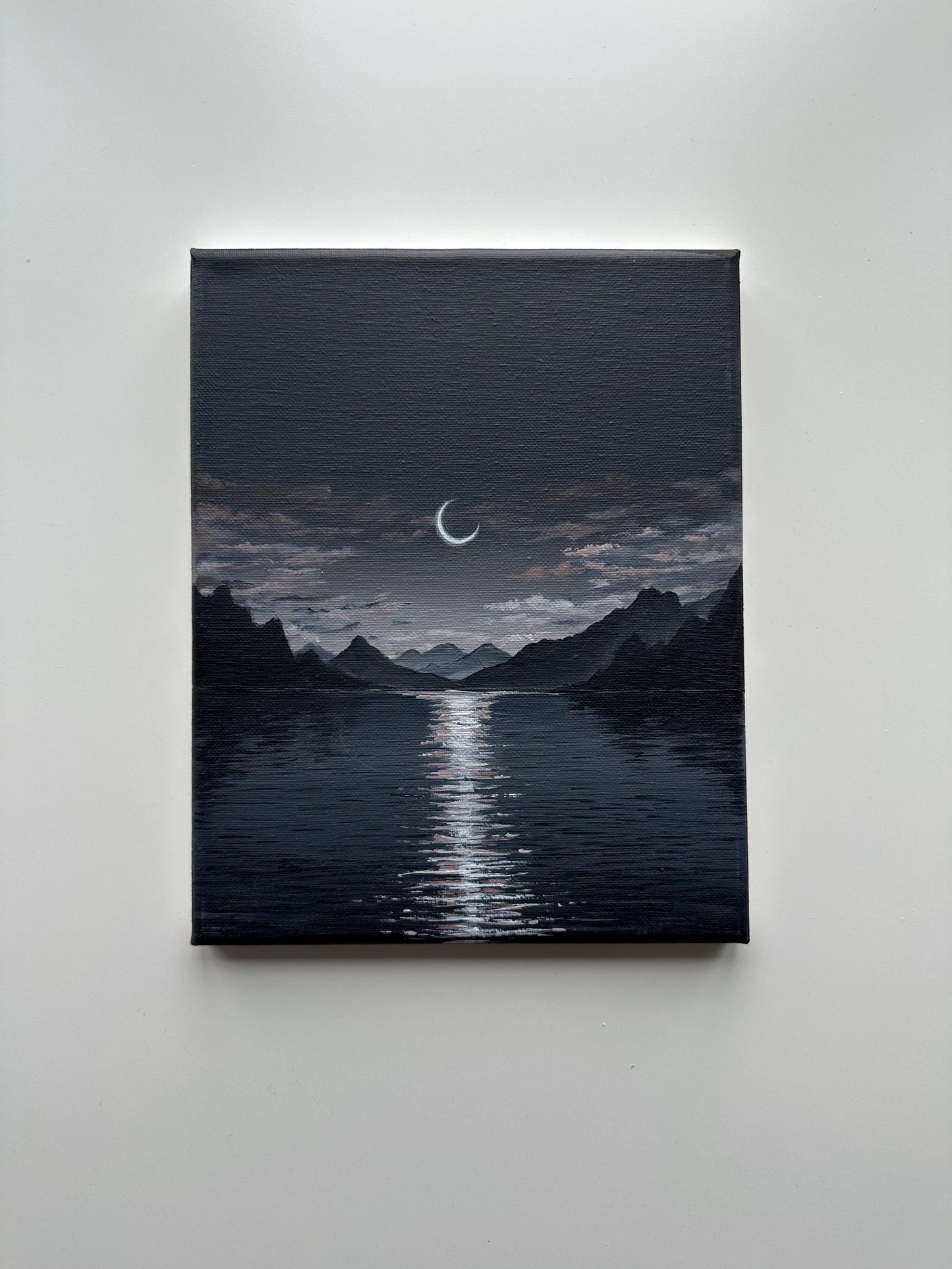 Crescent Moon Lake Night Painting on Canvas – Original 8x10 in