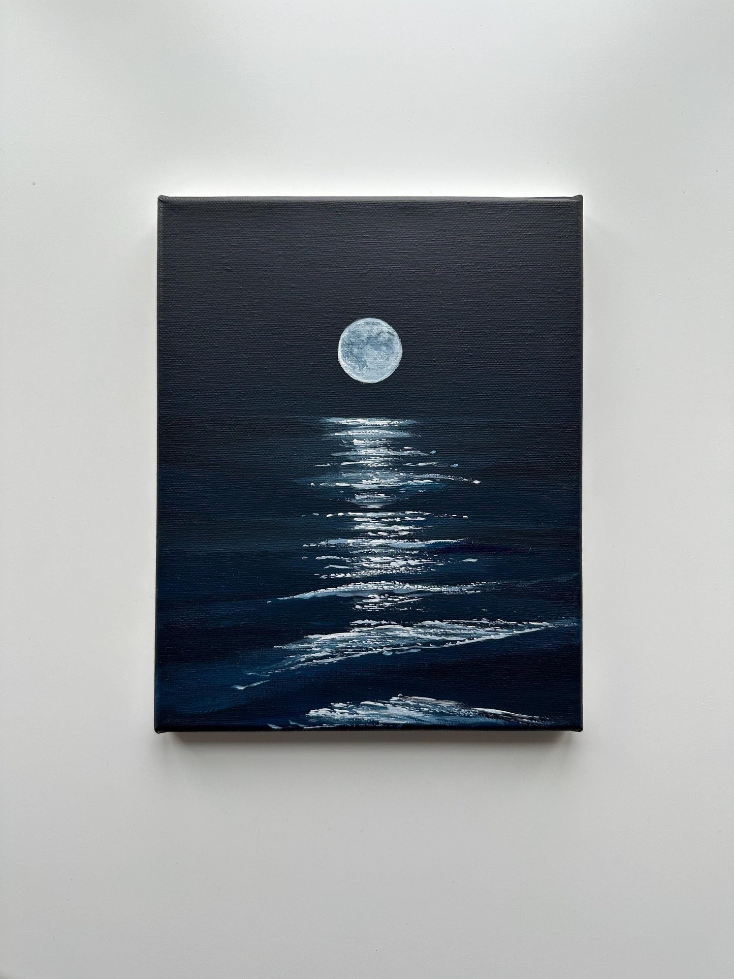 Moon Over Water Night Painting on Canvas – Original 8x10 in