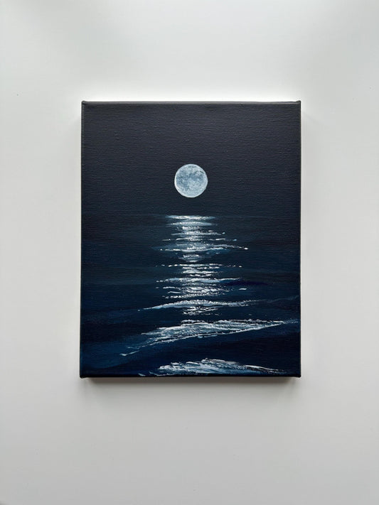 Moon Over Water Night Painting on Canvas – Original 8x10 in