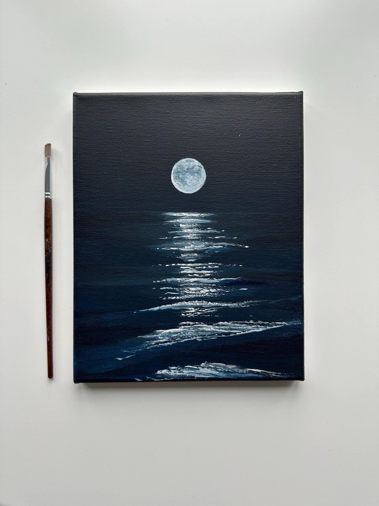 Moon Over Water Night Painting on Canvas – Original 8x10 in