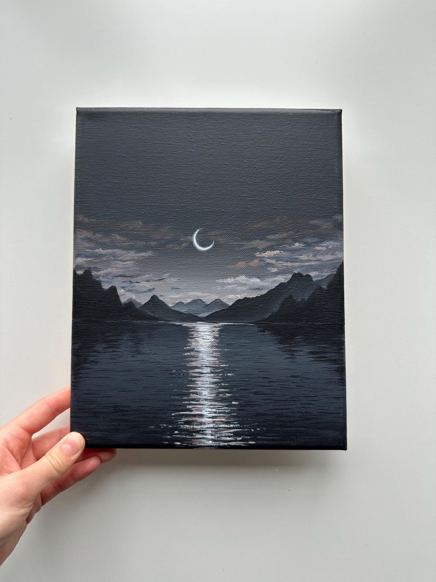 Crescent Moon Lake Night Painting on Canvas – Original 8x10 in