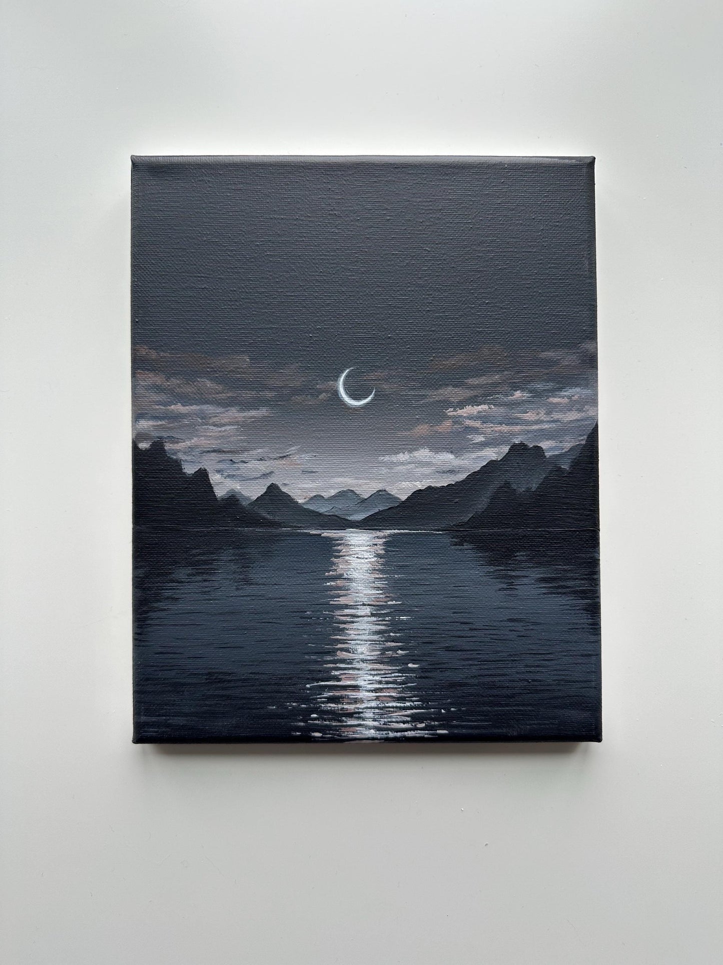 Crescent Moon Lake Night Painting on Canvas – Original 8x10 in