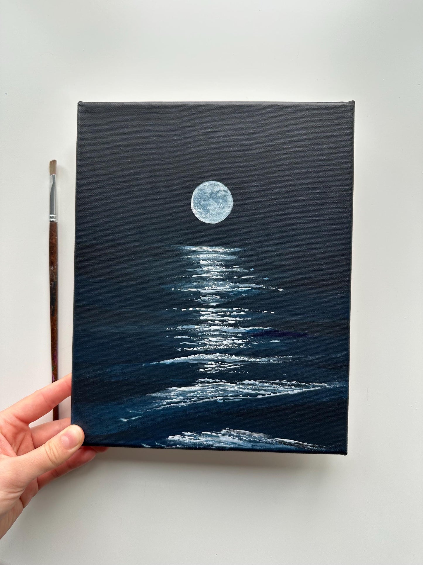 Moon Over Water Night Painting on Canvas – Original 8x10 in