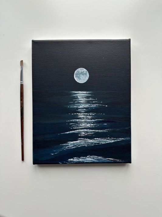 Moon Over Water Night Painting on Canvas – Original 8x10 in