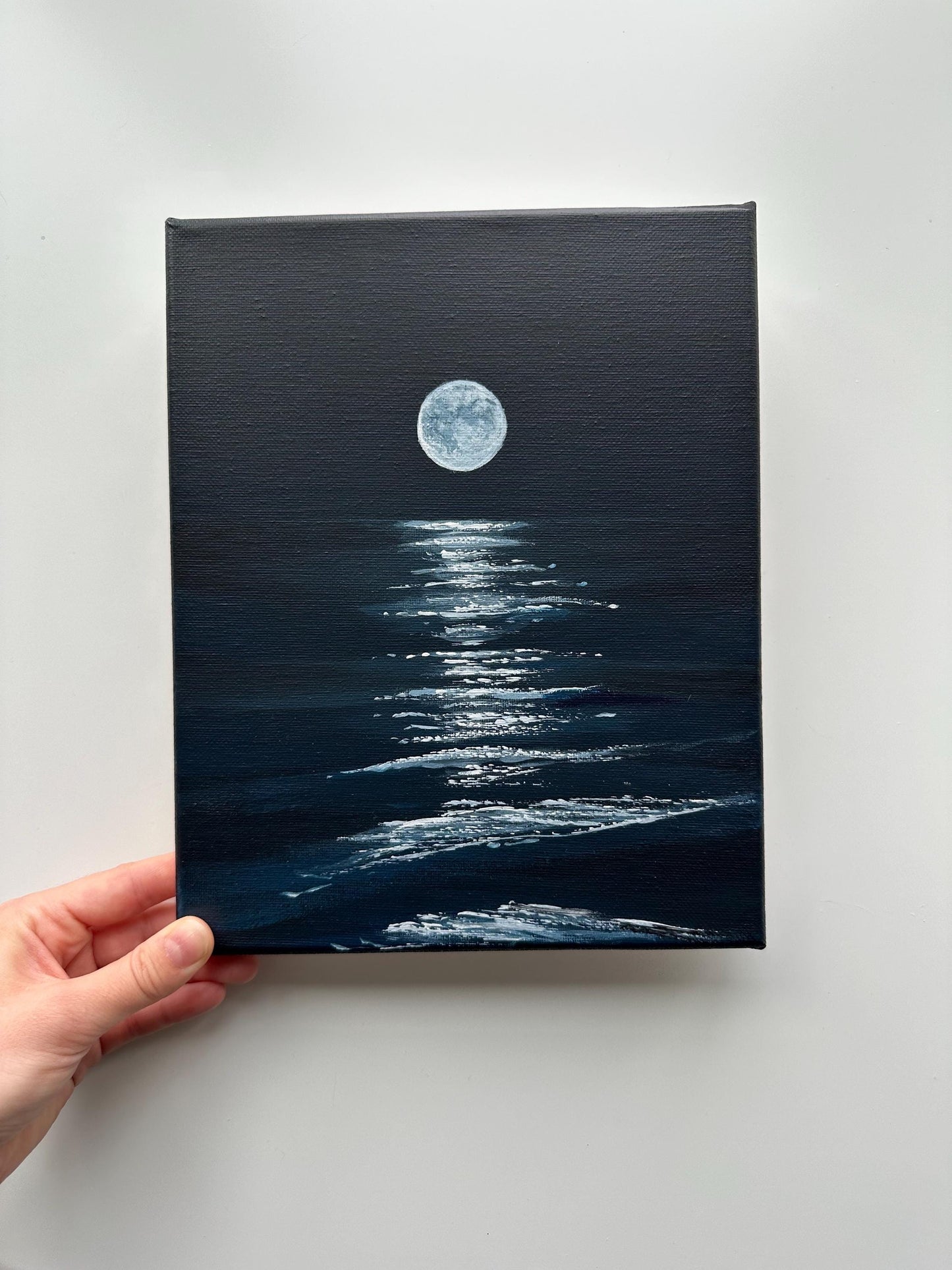 Moon Over Water Night Painting on Canvas – Original 8x10 in