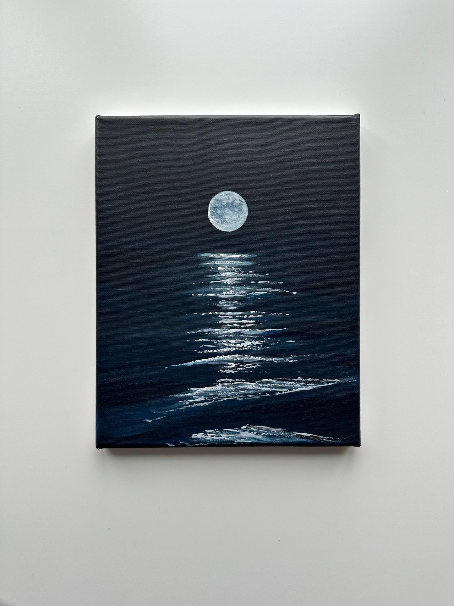 Moon Over Water Night Painting on Canvas – Original 8x10 in