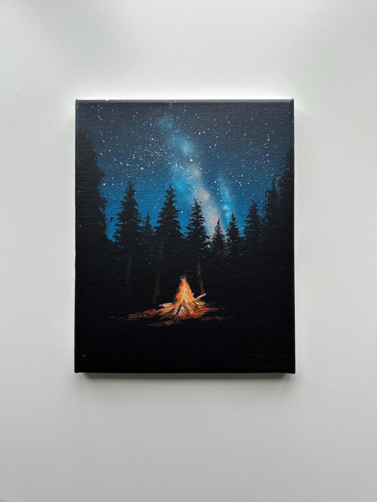 Campfire Night Painting – 8x10 Forest Wall Art, Starry Sky Landscape on Canvas