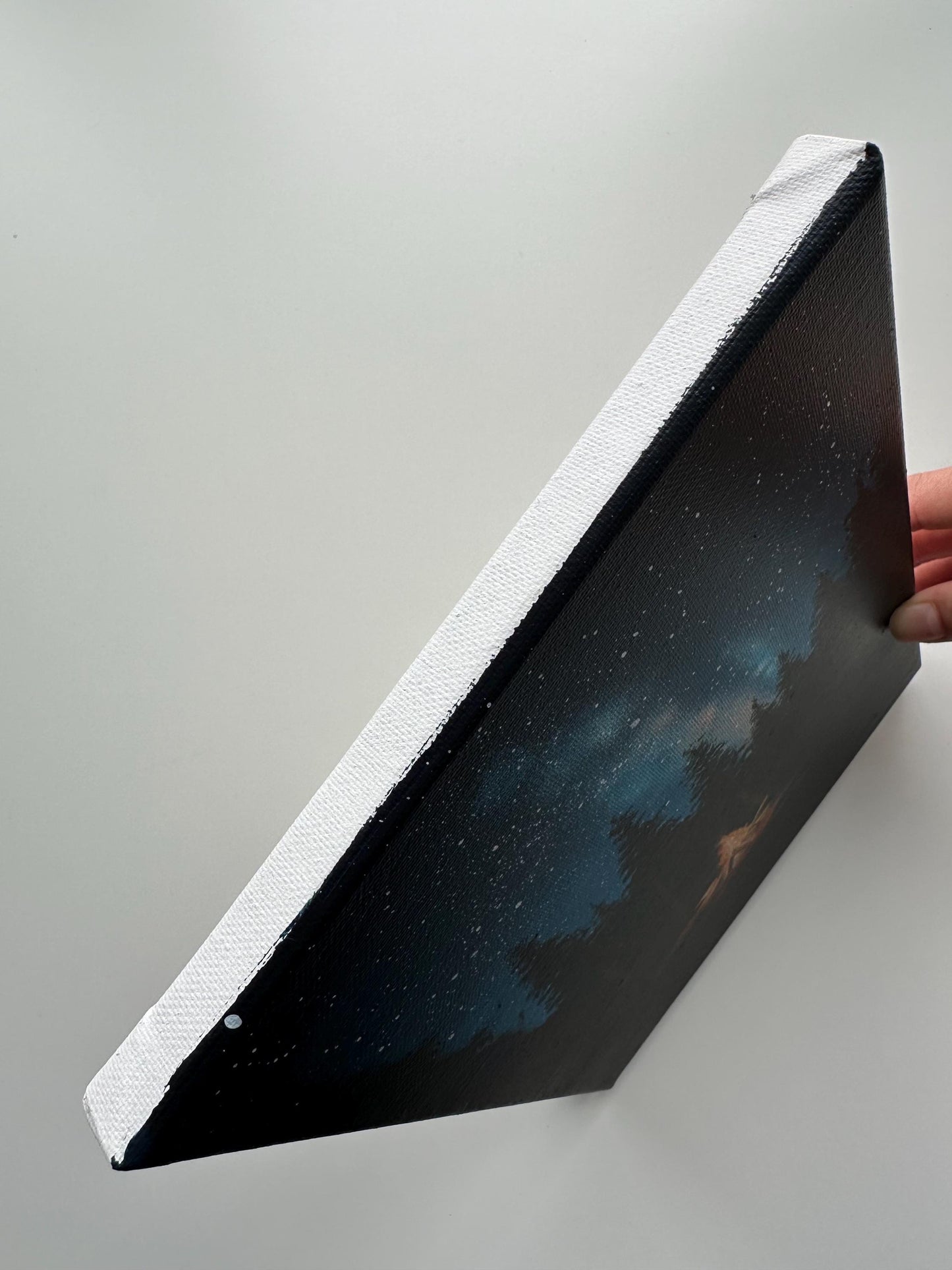 Campfire Night Painting – 8x10 Forest Wall Art, Starry Sky Landscape on Canvas