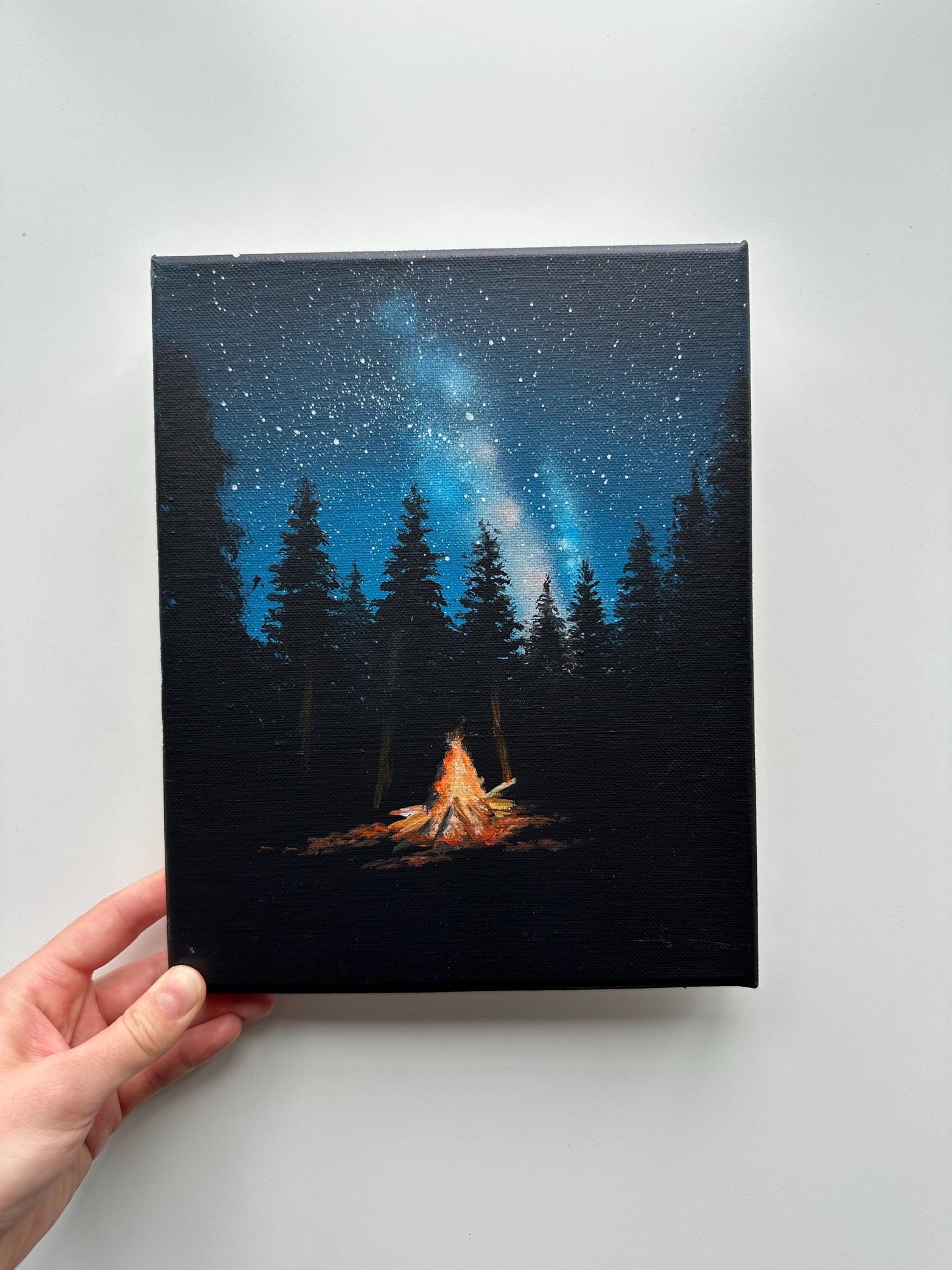 Campfire Night Painting – 8x10 Forest Wall Art, Starry Sky Landscape on Canvas