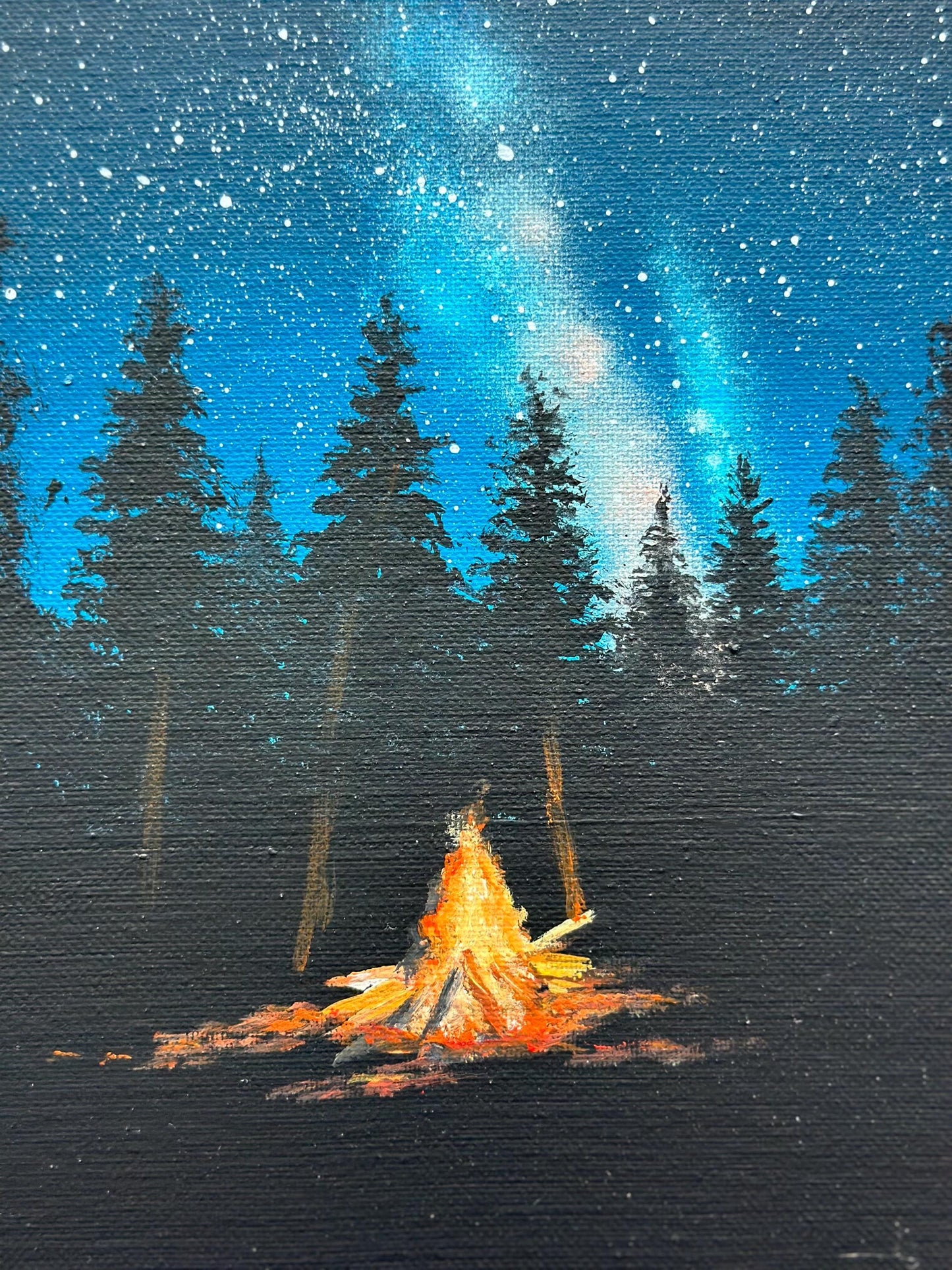 Campfire Night Painting – 8x10 Forest Wall Art, Starry Sky Landscape on Canvas