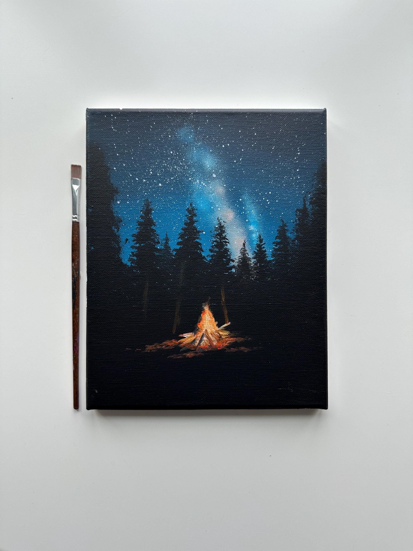 Campfire Night Painting – 8x10 Forest Wall Art, Starry Sky Landscape on Canvas