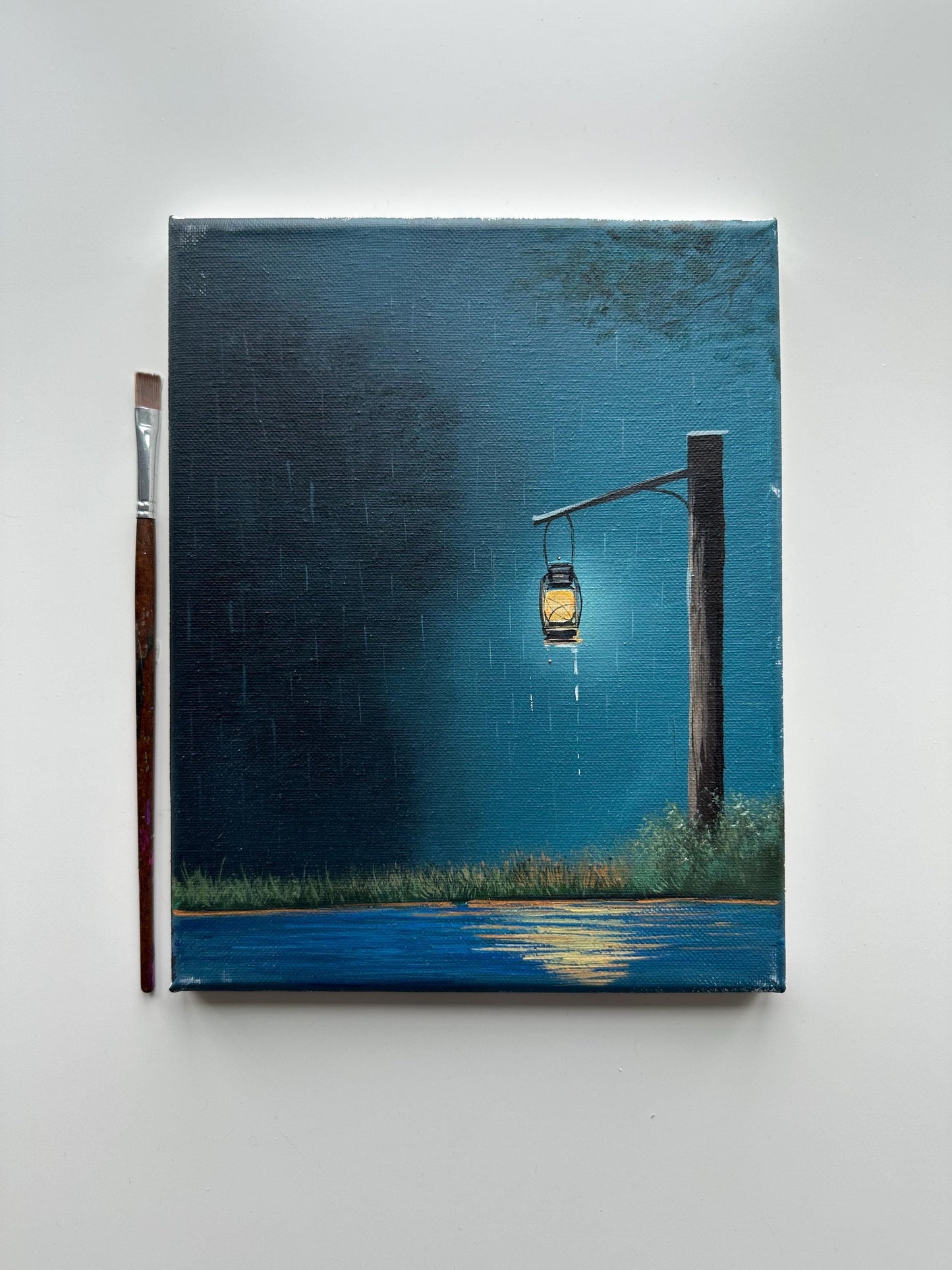 Lantern by the Lake – 8x10 Rainy Night Painting, Blue Landscape Wall Art