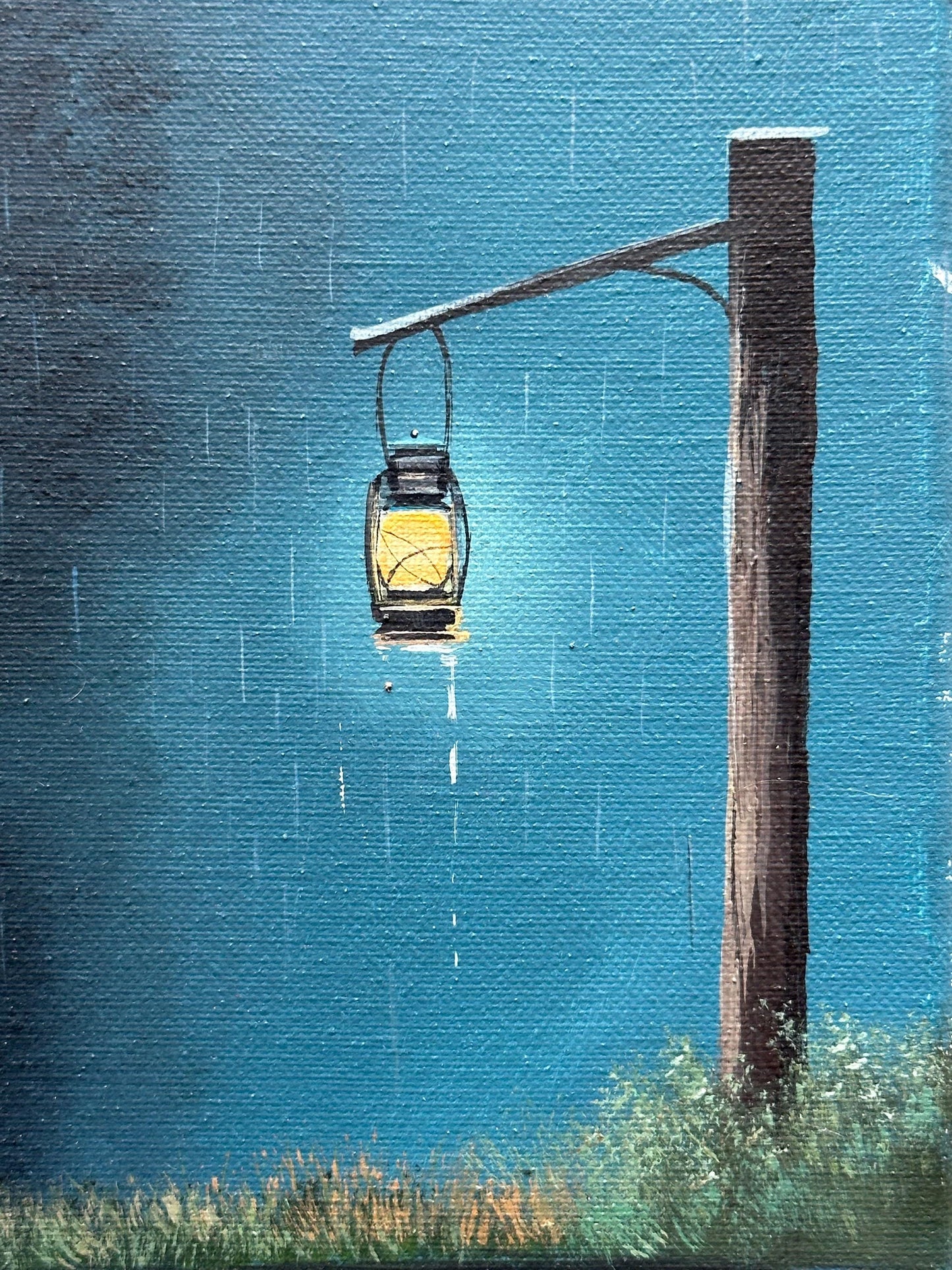 Lantern by the Lake – 8x10 Rainy Night Painting, Blue Landscape Wall Art