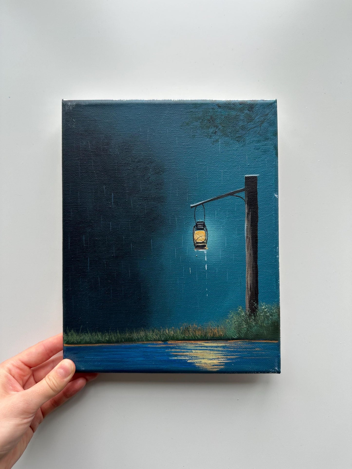 Lantern by the Lake – 8x10 Rainy Night Painting, Blue Landscape Wall Art