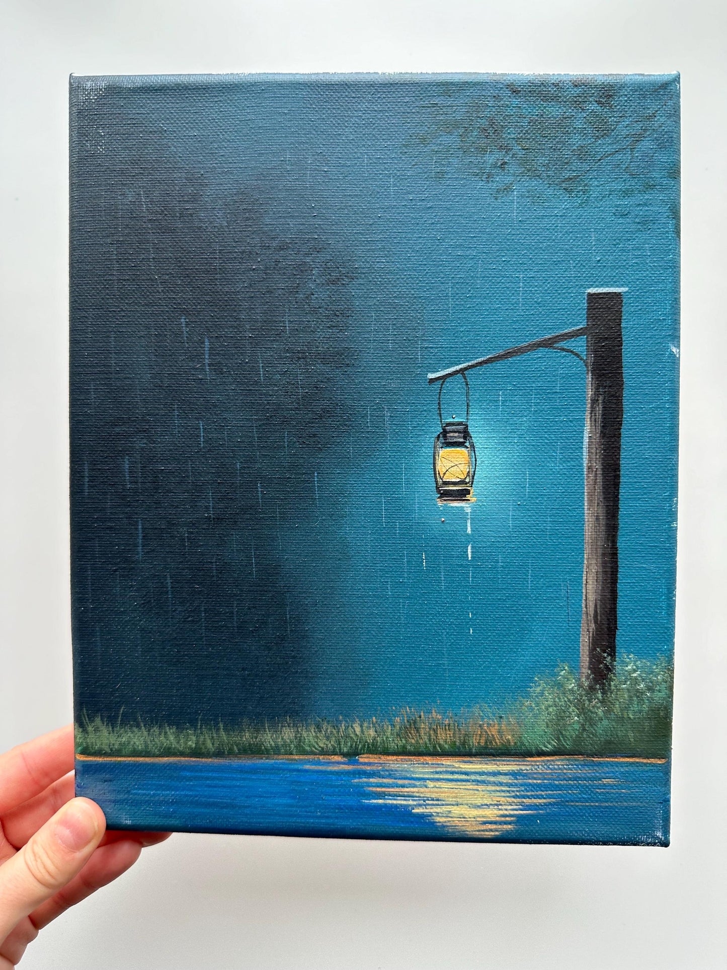 Lantern by the Lake – 8x10 Rainy Night Painting, Blue Landscape Wall Art