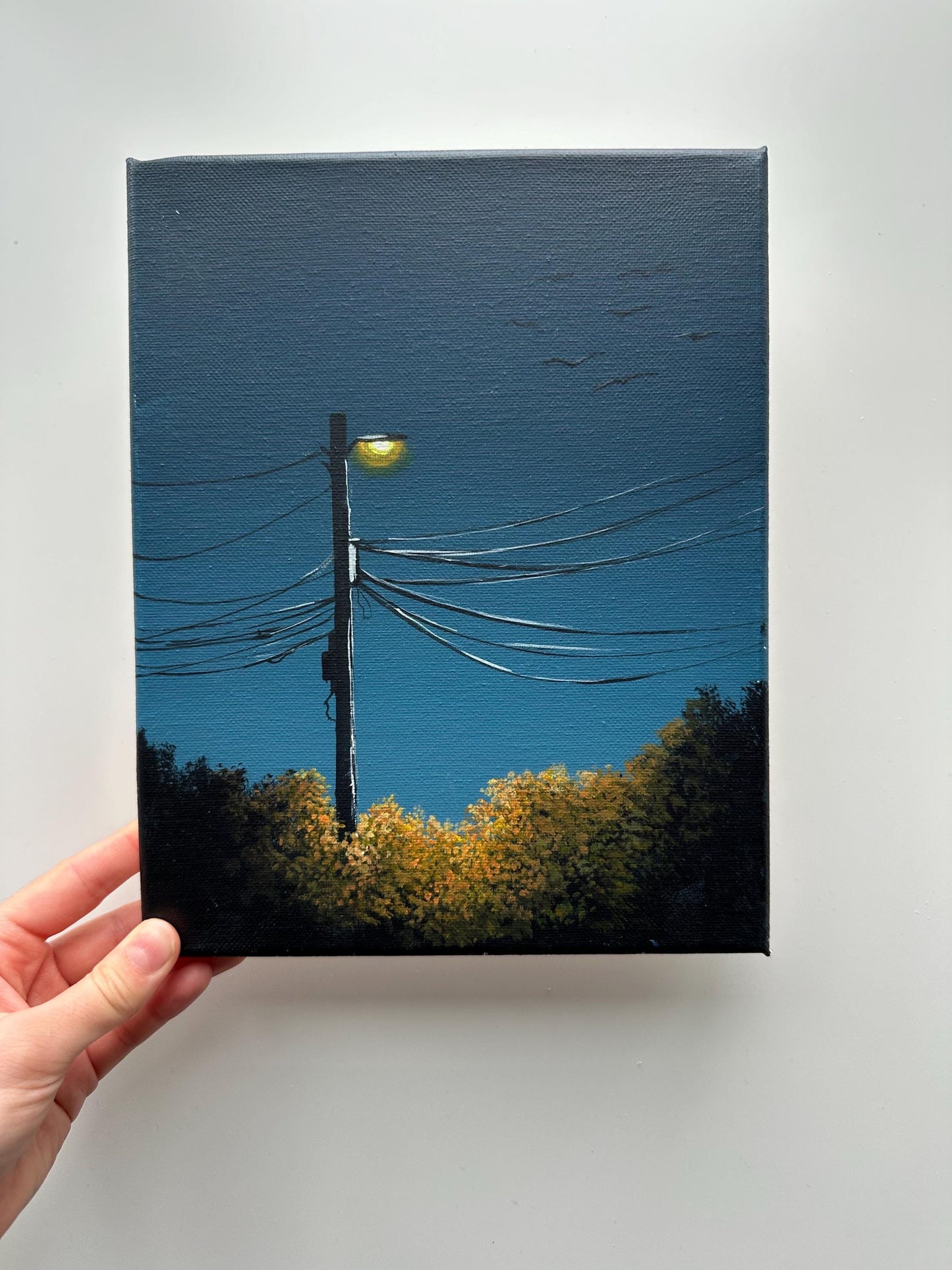 Streetlight at Dusk – 8x10 Night Wall Art, Minimal Landscape Painting