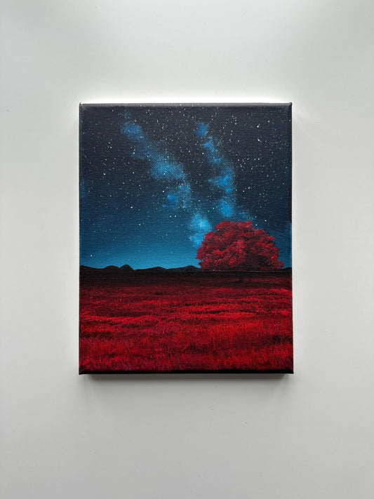 Red Tree Under the Stars – 8x10 Night Sky Painting, Galaxy Landscape Art